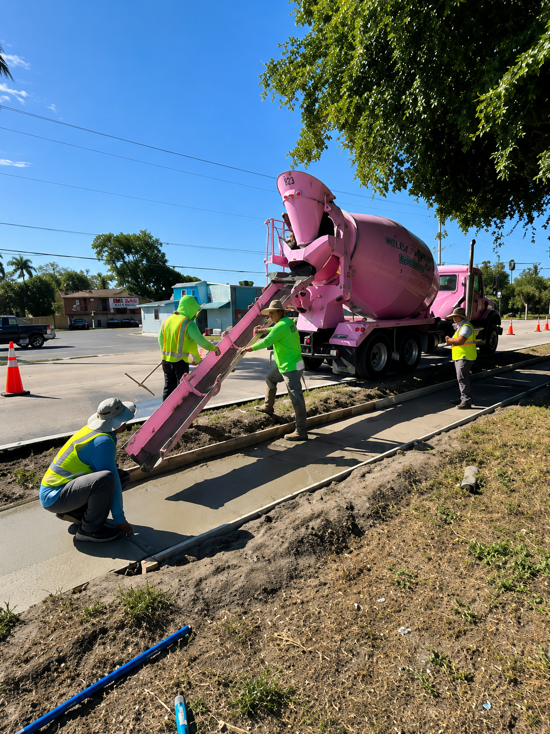 Concrete sidewalk pour with cement mixer truck